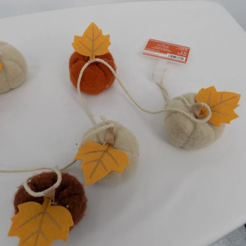Ashland Fall Essentials Pumpkin Leaves Garland Felt Orange White Brown 6ft New